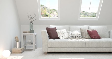 White modern room with sofa. Scandinavian interior design. 3D illustration