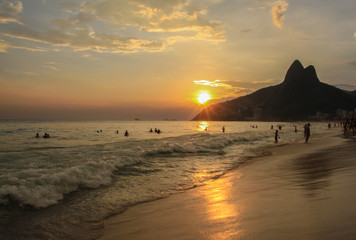Romantic light at famous beach Ipanema at Rio de Janeiro during sunset 