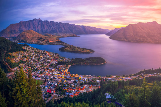 Aerial view of Queenstown downtown at twilight sunset, South Island, New Zealand