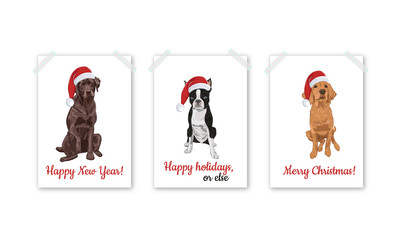 Christmas card set with Santa dogs isolated on white background. Dog in Santa hats. Labrador, Boston terrier and Golden retriever.