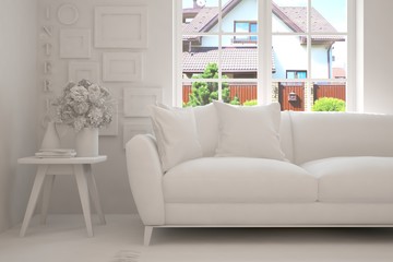 White room with sofa. Scandinavian interior design. 3D illustration