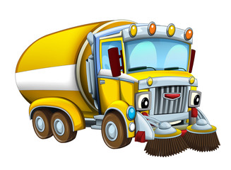 Cartoon happy and funny looking cistern truck street cleaner on white background - illustration for children