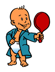 baby boy in bathrobe looking into mirror cartoon