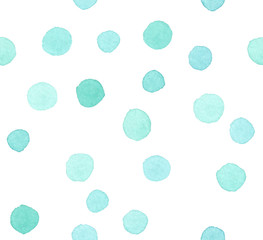 Seamless pattern with pale turquoise blue circles painted in watercolor on white isolated background