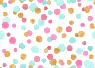 Cercles muraux Polka dot Modèle sans couture avec des pois de confettis roses, bleus et or colorés peints à l& 39 aquarelle sur fond isolé blanc