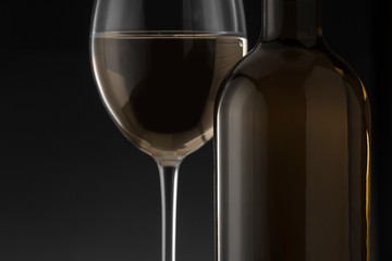 White wine bottle and glass on the black background