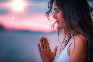 Meditating. Close Up Female Hands Prayer