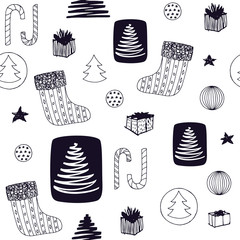New Year colorful seamless pattern with christmas stocking, candy, christmas tree, balls ang gifts. Hand drawn vector design elements. Cute sweet doodle vector background. Black and white isolated