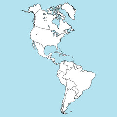 Map of North and South America. Vector illustration outline map of South America, North America. Hand drawn atlas, globe, map of South and North America.