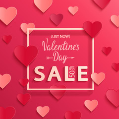 Fototapeta na wymiar Valentines day sale background, poster template with square frame. Pink abstract background with hearts ornaments from paper, origami style. Discount flyer, card for february 14.Vector illustration.