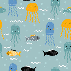 Seamless pattern with fish and jellyfish. For printing on children's clothes. Scandinavian style.