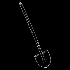Shovel silhouette on a black background. Vector illustration of a shovel with a wooden handle. Hand drawn shovel.