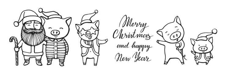 Collection of funny Christmas pig characters. Vector set hand drawn illustration. Christmas card, poster, t-shirt composition, hand drawn print.