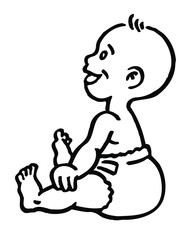 baby boy with diaper sitting and looking black and white