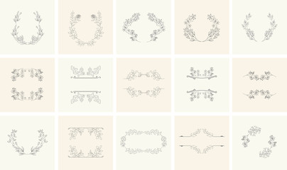 Set of floral frames and wreaths with plant.