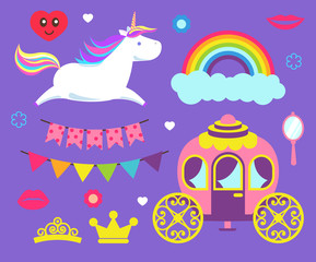 Unicorn and Rainbow Princess Party Set Vector