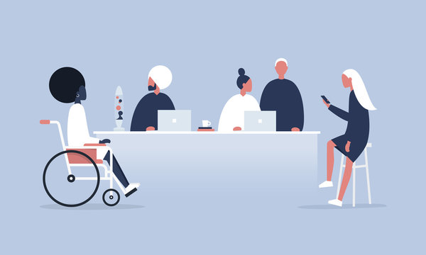 Office life. Diversity collective. Startup. Millennials at work. Generation z. Technologies. Project management. Flat editable vector illustration, clip art