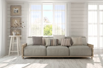 Idea of white room with sofa and summer landscape in window. Scandinavian interior design. 3D illustration