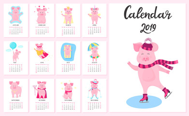 12 calendar cards with funny pigs for each month of the year 2019. Cute piggy in a cap and scarf skating.