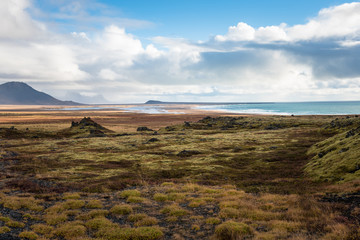 Fototapeta na wymiar Coastal Scenery in Iceland with a Lava Field in Foreground under Blue Sky with Clouds in Autumn