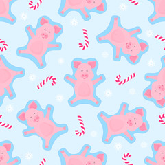Boar making snow angel. Piglet on winter vacation. Cartoon pig and Christmas candy seamless pattern.