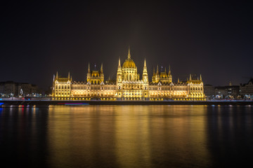 Hungarian Parliament Building on the bank of the Danube in Budapest at night