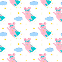 Funny pig in superhero costume flies in the sky. Cute piggy seamless pattern.