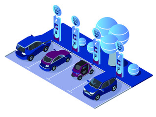 Electric car charging station concept. EV recharging point or EVSE.  Isometric flat car charging illustration. Eco friendly car, green energy