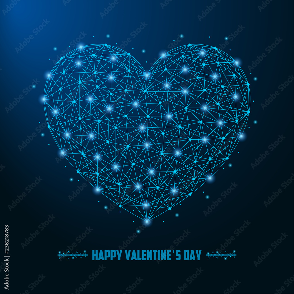 Poster valentines day illustration with heart made by points and lines, polygonal wireframe mesh on night s