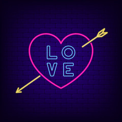 Neon sign of heart with arrow and LOVE text. Night light design for Valentines day. Vector illustration.