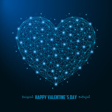 Valentines Day illustration with heart made by points and lines, polygonal wireframe mesh on night sky, dark blue background. Vector.
