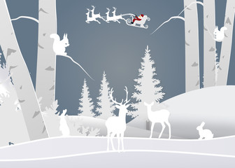 winter season and merry christmas with the animal in the forest, paper art and craft style.