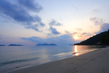 Sunrise beautiful scene on the white sand beach with beautiful sea at Koh Wai island, Trat province, Thailand