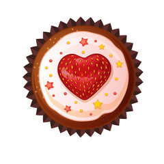 Vector cupcakes with strawberries. Top view flat icon on white background.