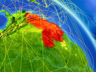 Venezuela from space on model of planet Earth with network. Concept of digital technology, connectivity and travel.