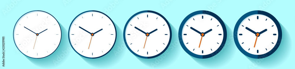 Wall mural clock in flat style, icon set. minimalistic timer on color background. from thin to thick lines. bus