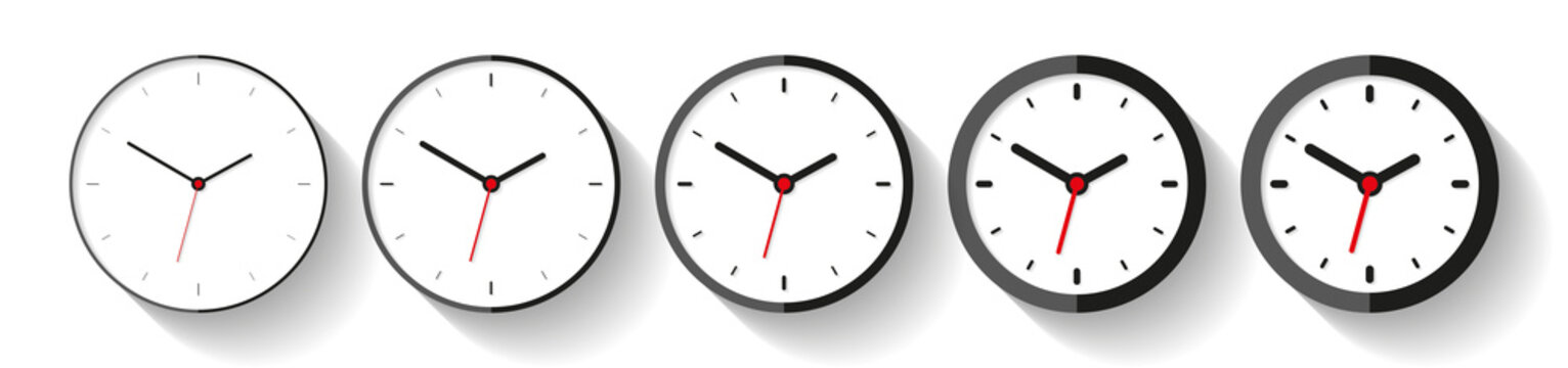 Clock in flat style, icon set. Minimalistic timer on white background. From thin to thick lines. Business watch. Vector design elements for you project