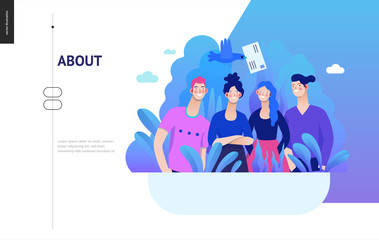 Business series, color 2- about company, contact -modern flat vector concept illustration of a company employees posing together. Business workflow management. Creative landing page design template