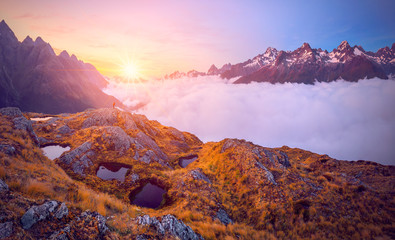 Panorama Hooker valley track in the sunrise with fog at South island , New zealand.