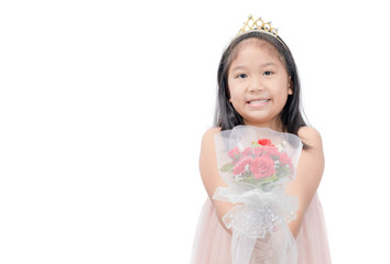 Cute little princess give flower bouquet isolated