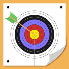 Competitive concept, archery. Strategy of success and achievement of the goal. Target with an arrow. Exactly at the target, right into the bull's eye. Modern, simple vector illustration.