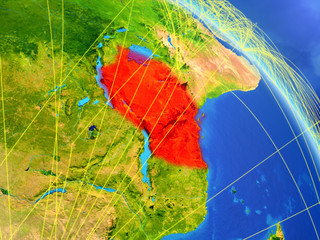 Tanzania from space on model of planet Earth with network. Concept of digital technology, connectivity and travel.