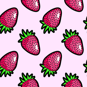 Strawberries seamless pattern. Light pink background. Cute, kawaii wallpaper.