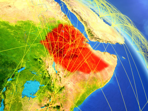 Ethiopia from space on model of planet Earth with network. Concept of digital technology, connectivity and travel.