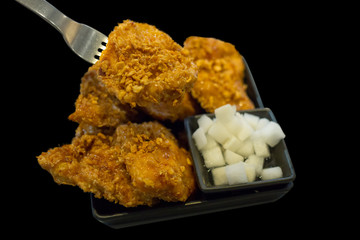 Korean spicy fried chicken food, focus selective