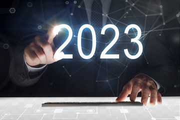 Business man touching screen with 