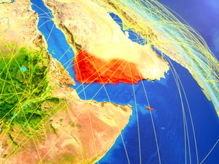 Yemen from space on model of planet Earth with network. Concept of digital technology, connectivity and travel.