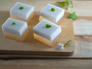 Coconut jelly on wooden dish