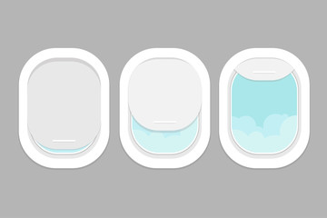 Three realistic portholes of airplane with open and closed window. View from the airplane window to the clouds. View from the porthole. Vector illustration.