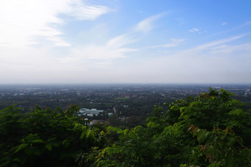 Landscape of the city, Urban landscape, country house, highrise view on blue sky and cloud background